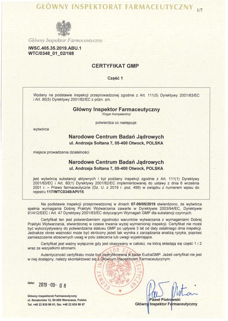 Certyfikat GMP - substancje czynne